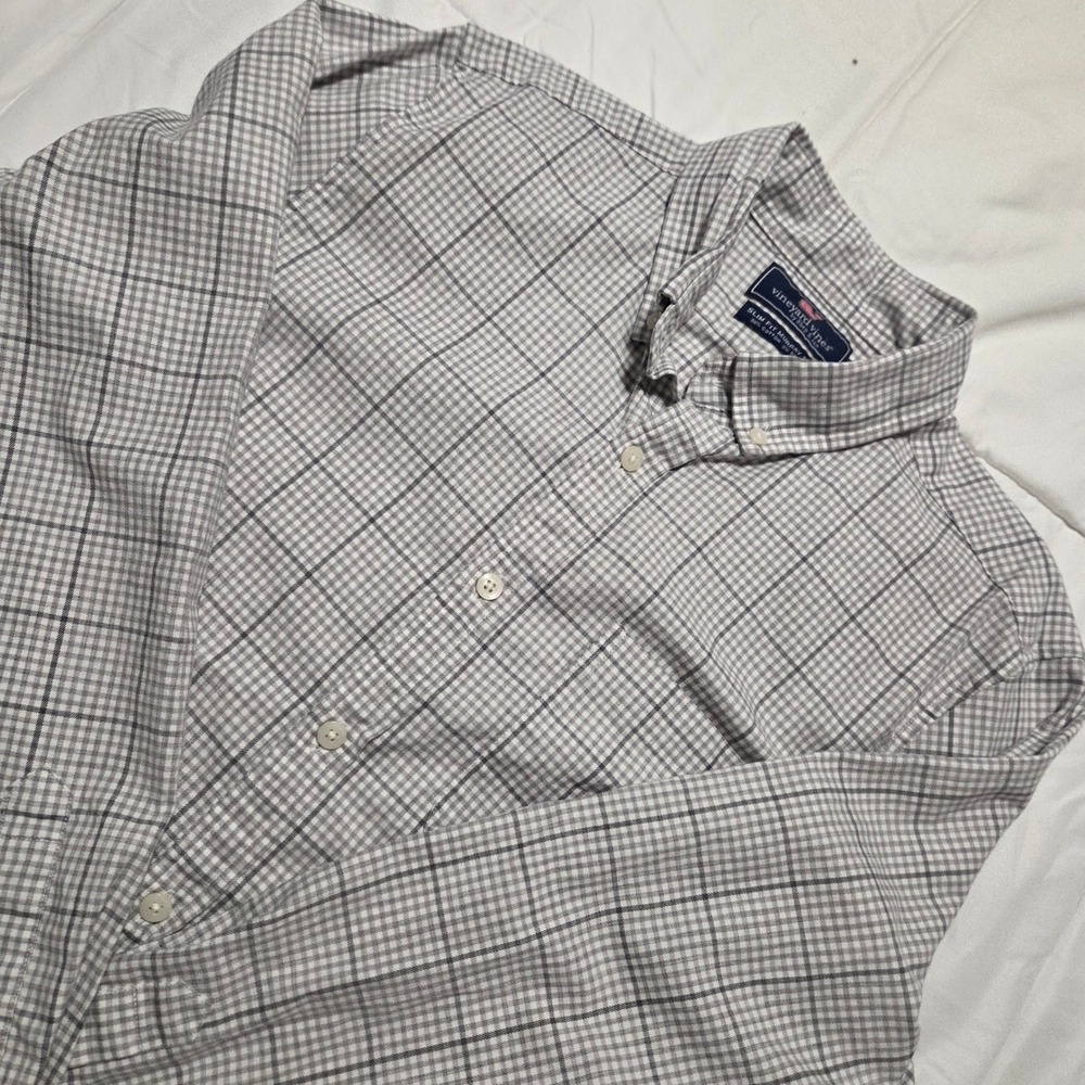 Vineyard Vines Slim Fit Murray Shirt Mens Small Grey White Check Long Sleeve